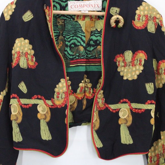 Vintage COMPONIX Cardigan Jacket Womens Black Art Graphic Open Front Size 8 USA - Picture 4 of 9